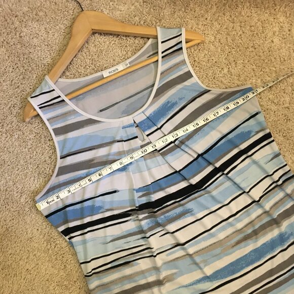 Blue and White Artistic Paint Brush Stroke Keyhole Pleated Collar Tank Top - Picture 12 of 14